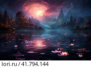 Lotuses on the lake, purple evening sunset light  Generative AI. Стоковое AI-изображение, AI-художник Анна Кривицкая / Фотобанк Лори