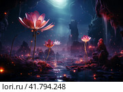 Lotuses on the lake, purple evening sunset light  Generative AI. Стоковое AI-изображение, AI-художник Анна Кривицкая / Фотобанк Лори