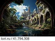 Medieval fantasy castle by the river  Generative AI. Стоковое AI-изображение, AI-художник Анна Кривицкая / Фотобанк Лори