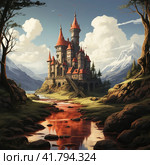 Medieval fantasy castle by the river  Generative AI. Стоковое AI-изображение, AI-художник Анна Кривицкая / Фотобанк Лори