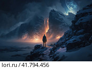 Epic winter arctic landscape. A man stands on a rock and looks into the distance at the mountains. Polar night, stars in the sky. A traveler on a hike in the majestic northern nature. Generative AI. Стоковое AI-изображение, AI-художник Андрей Степанов / Фотобанк Лори