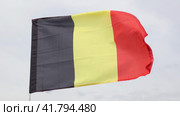 Big flag of Belgium fastened on stick against background of blue sky under daylight. Стоковое видео, видеограф Яков Филимонов / Фотобанк Лори