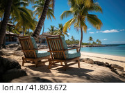 Luxury beach resort, beach loungers near the sea with white sand over sea. View of bavaro beach, punta cana, dominican republic, west indies, caribbean, central america. Стоковое AI-изображение, AI-художник Ирина Михайличенко / Фотобанк Лори