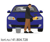 Мужчина с ведром воды и губкой моет грязную автомобильную фару на белом фоне. Стоковая иллюстрация, иллюстратор Карпенко Алексей / Фотобанк Лори