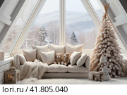 Christmas interior of a children's room in beige and white colors. Christmas snow-covered tree, play teepee, gifts, mini-trees, toys, big soft polar bear. Стоковое AI-изображение, AI-художник Ирина Михайличенко / Фотобанк Лори