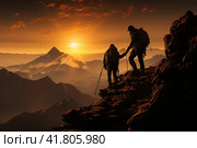 Two climbers help each other in the mountains,  Generative AI. Стоковое AI-изображение, AI-художник Анна Кривицкая / Фотобанк Лори