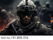 Soldier in a combat zone,  Generative AI. Стоковое AI-изображение, AI-художник Анна Кривицкая / Фотобанк Лори