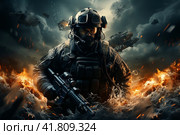 Soldier in a combat zone,  Generative AI. Стоковое AI-изображение, AI-художник Анна Кривицкая / Фотобанк Лори