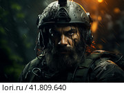 Soldier in a combat zone,  Generative AI. Стоковое AI-изображение, AI-художник Анна Кривицкая / Фотобанк Лори