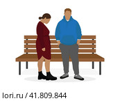Толстый мужчина и толстая героиня женского пола стоят рядом с деревянной скамейкой на белом фоне. Стоковая иллюстрация, иллюстратор Карпенко Алексей / Фотобанк Лори