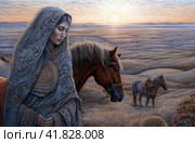 Girl with a horse in the steppe against the background of a house  Generative AI. Стоковое AI-изображение, AI-художник Анна Кривицкая / Фотобанк Лори