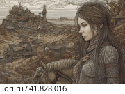 Girl with a horse in the steppe against the background of a house  Generative AI. Стоковое AI-изображение, AI-художник Анна Кривицкая / Фотобанк Лори