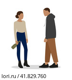 A female character holds a bottle in her hand, while a male character looks at it. Стоковая иллюстрация, иллюстратор Карпенко Алексей / Фотобанк Лори