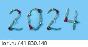 Numbers 2024 made from Christmas tree branches, cones, berries and leaves. Template for the New Year calendar. Стоковое фото, фотограф Клара Мухаметзянова / Фотобанк Лори