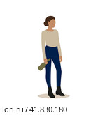 Female character with a bottle in hand on a white background. Стоковая иллюстрация, иллюстратор Карпенко Алексей / Фотобанк Лори