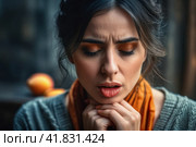Tonsillitis and angina concept. Sick woman with closed eyes touching her sore throat. Unhealthy female with painful feelings in neck feels discomfort, hard to swallow, irritation or loss of voice. AI. Стоковое AI-изображение, AI-художник Sergey Grishin / Фотобанк Лори