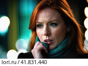 Tonsillitis and angina concept. Sick woman with closed eyes touching her sore throat. Unhealthy female with painful feelings in neck feels discomfort, hard to swallow, irritation or loss of voice. AI. Стоковое AI-изображение, AI-художник Sergey Grishin / Фотобанк Лори