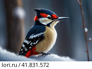 Woodpecker chick cub perched on branch. Wildlife scene from nature. Animal in the nature habitat. Bird in winter forest. In front of winter background. AI. Стоковое AI-изображение, AI-художник Sergey Grishin / Фотобанк Лори