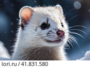 Wild polecat in snow, ferret Cub in winter sunny day. AI. Стоковое AI-изображение, AI-художник Sergey Grishin / Фотобанк Лори