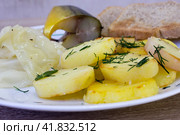 Блюдо из жаренной картошки с копченой селедки и маринованной капусты. Стоковое фото, фотограф Роман Лукьянов / Фотобанк Лори