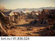 Refugee crisis concept: Vast refugee camp in desert with makeshift tents, a barren desert landscape, feeling of desperation and displacement. Стоковое AI-изображение, AI-художник Ирина Михайличенко / Фотобанк Лори