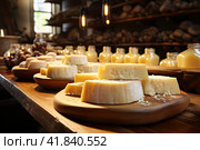 Assorted flavors of cheese wheels maturing in a cheese factory on wooden shelves. Cheese warehouse, close up. Store at milk factory. Dairy plant. Food industry. Food background. Стоковое AI-изображение, AI-художник Ирина Михайличенко / Фотобанк Лори
