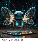 Cute adorable robot on glowing bioluminescent circuit board, bug with glowing wings, glowing wires inside. Стоковое AI-изображение, AI-художник Lydmila Salnikova / Фотобанк Лори