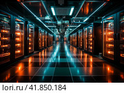 Working data center interior  Generative AI. Стоковое AI-изображение, AI-художник Анна Кривицкая / Фотобанк Лори
