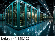 Working data center interior  Generative AI. Стоковое AI-изображение, AI-художник Анна Кривицкая / Фотобанк Лори