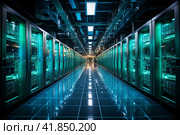 Working data center interior  Generative AI. Стоковое AI-изображение, AI-художник Анна Кривицкая / Фотобанк Лори