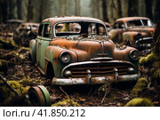 Car cemetery. Old rusty bodies of cars  Generative AI. Стоковое AI-изображение, AI-художник Анна Кривицкая / Фотобанк Лори