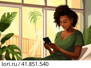 Young dark skinned woman sitting near window in sunny day and looking with smile to smartphone. Стоковое AI-изображение, AI-художник Наталья Семкина / Фотобанк Лори