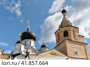 Старица, Тверская область, Россия, лето 2021 года. Купола над Собором Успения Пресвятой Богородицы и колокольня над часовней Иова в Старицком Свято-Успенском мужском монастыре. Голубое небо, белые кучевые облака. Редакционное фото, фотограф Сергей Никифоров-Гордеев / Фотобанк Лори