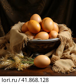 Chicken eggs on burlap, rustic still life  Generative AI. Стоковое AI-изображение, AI-художник Анна Кривицкая / Фотобанк Лори