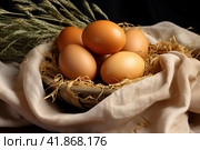 Chicken eggs on burlap, rustic still life  Generative AI. Стоковое AI-изображение, AI-художник Анна Кривицкая / Фотобанк Лори