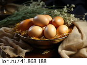 Chicken eggs on burlap, rustic still life  Generative AI. Стоковое AI-изображение, AI-художник Анна Кривицкая / Фотобанк Лори