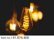 Spiral Retro light bulbs hanging on a dark background. Electricity, Vintage. Стоковое фото, фотограф Ольга Ильина / Фотобанк Лори