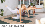 Class of sporty women performing Balancing Table restorative Pose or Dandayamana Bharmanasana during yoga training together in studio. Стоковое фото, фотограф Яков Филимонов / Фотобанк Лори