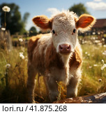 Calf in the field  Generative AI. Стоковое AI-изображение, AI-художник Анна Кривицкая / Фотобанк Лори