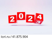 2024 new year card with 3d realistic year number on white  background. 3D illustration. Volumetric figures 2024 at an angle, space for text for New Year's greetings, New Year's corporate banner. Стоковое фото, фотограф Виталий Сова / Фотобанк Лори