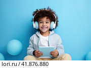Children with gadgets, Alpha generation, Digital Aborigines - people born after the digital revolution and accustomed to gadgets from an early age. Стоковое AI-изображение, AI-художник Ирина Ручушкина / Фотобанк Лори