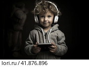 Children with gadgets, Alpha generation, Digital Aborigines - people born after the digital revolution and accustomed to gadgets from an early age. Стоковое AI-изображение, AI-художник Ирина Ручушкина / Фотобанк Лори