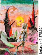 Umorik watching the sunset over the fairy forest. Fairy-tale character. Стоковая иллюстрация, иллюстратор Леонид Еремейчук / Фотобанк Лори