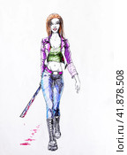 Figure pen and pencil, a girl with a bloody machete walking down the street. Стоковая иллюстрация, иллюстратор Леонид Еремейчук / Фотобанк Лори