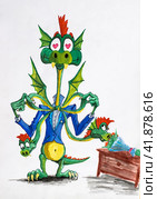 Snake Gorynych going on a date. The dragon tied two heads with a bow. Watercolor paints. Стоковая иллюстрация, иллюстратор Леонид Еремейчук / Фотобанк Лори
