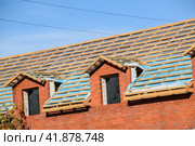 Construction of the roof of a new house. Wooden bars and vapor barrier. Стоковое фото, фотограф Леонид Еремейчук / Фотобанк Лори
