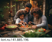 Dad and small African children are happy to prepare treats for the holiday. Generated by AI. Стоковое AI-изображение, AI-художник Ярославский Максим / Фотобанк Лори