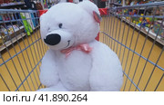 A large polar bear is put in a cart at the supermarket. Lublin, Moscow. A large supermarket. 24.12.20 23 (2023 год). Редакционное видео, видеограф Ярославский Максим / Фотобанк Лори