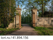 View of the Menagerie (Zverinskiye) Gate - stone gate to the Eagle Grove, between the Menagerie and the Palace Park in Gatchina Park on a sunny summer day, Gatchina, Leningrad region, Russia. Стоковое фото, фотограф Ula Ulachka / Фотобанк Лори
