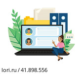 Бизнес-проект - это приложение для поиска работы. Онлайн-приложение для поиска работы, составления резюме и работы дома с вашего ноутбука. Плоская иллюстрация в мультяшном стиле. Стоковое фото, фотограф Юлия Мелешина / Фотобанк Лори